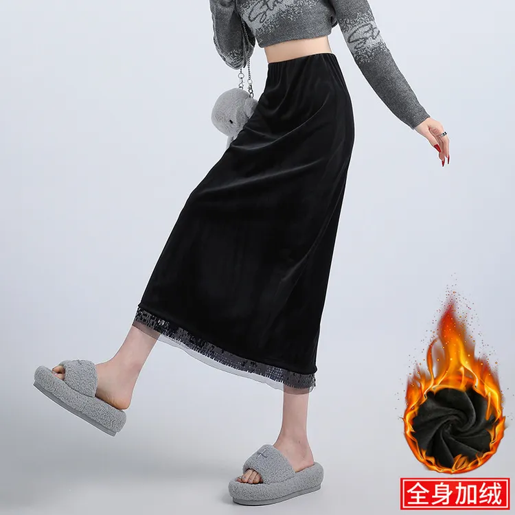 加绒加厚蕾丝拼接A字丝绒半身裙女秋冬2025年秋季新款女士中长裙