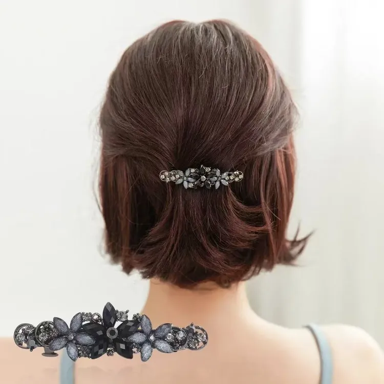 后脑勺一字夹少发量韩版半扎发饰头饰山茶花盘发夹弹簧夹小号顶夹