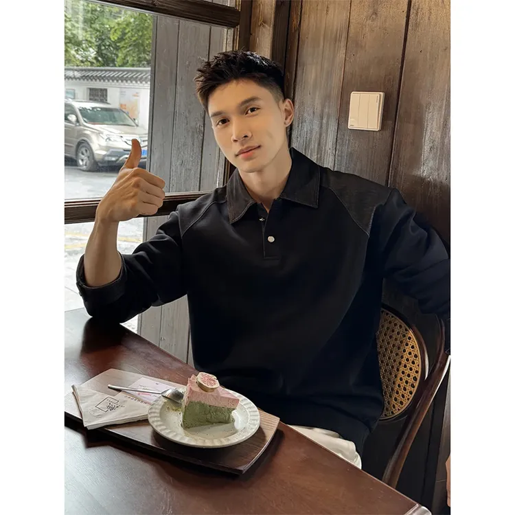 黑色美式正肩polo衫男款秋季痞帅高级感亨利领卫衣长袖内搭打底衫