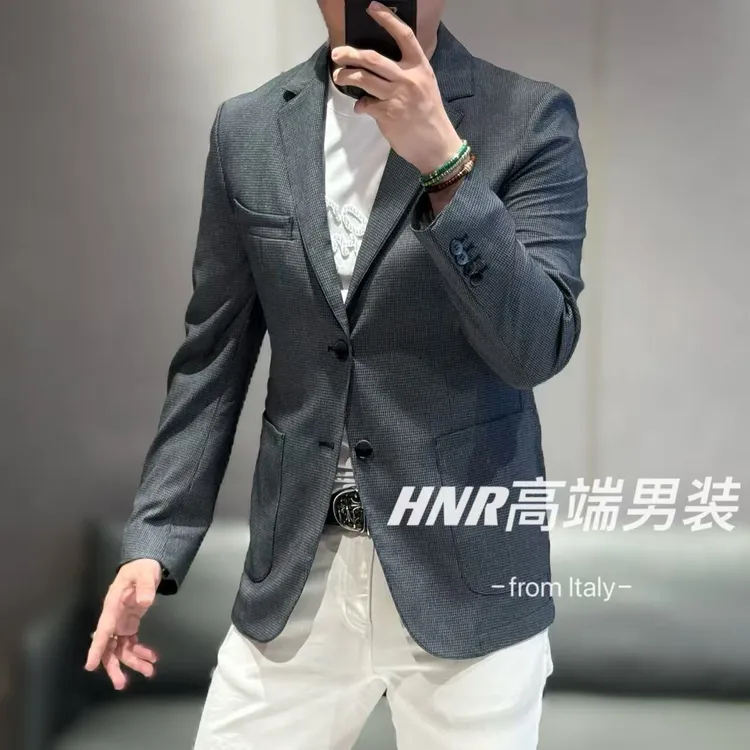 极简老钱风芝麻格纹设计高端男士再生纤维面料春款小西装001