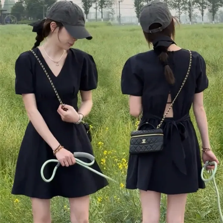 甜美风后背系带蝴蝶结A字连衣裙温柔复古小个子气质收腰短裙夏季