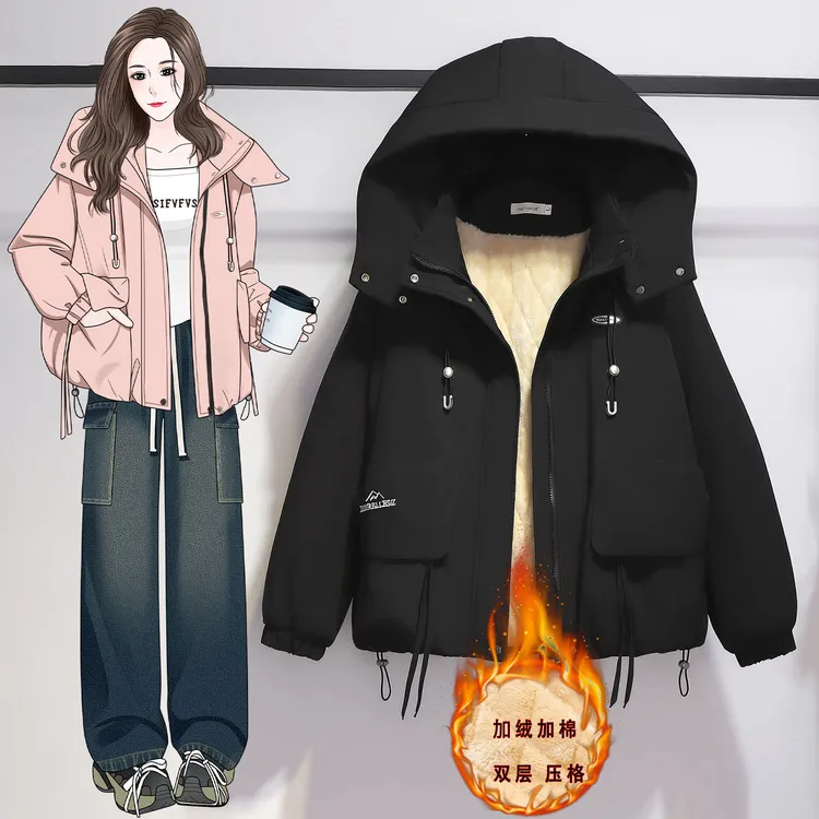 秋冬新款棉服外套女短款休闲连帽加绒加厚大码胖mm防风防水冲锋衣