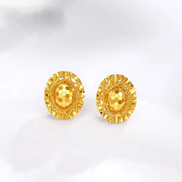 铜合金耳饰 黄金色鸽子蛋耳钉爆闪耳环女款圆形耳坠轻奢复古耳饰 