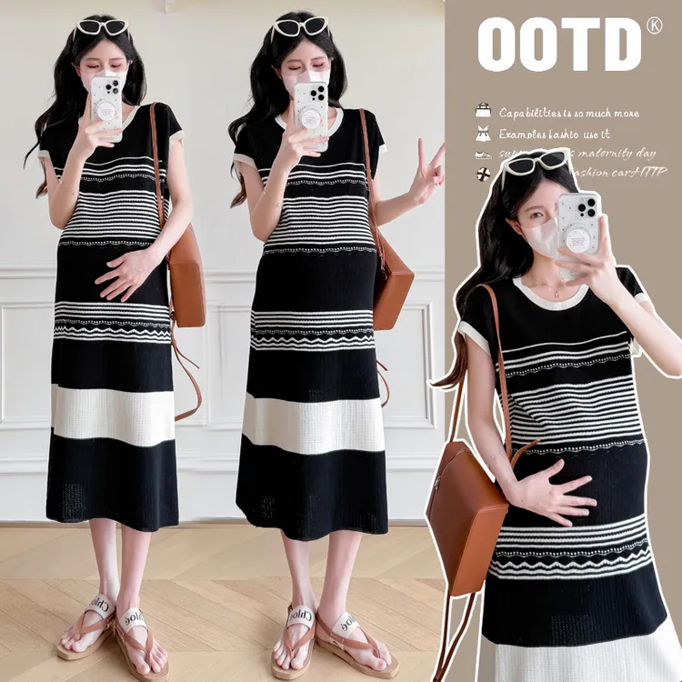 孕妇装夏装大码上衣中长款夏季针织裙子韩版时尚孕期高级感连衣裙