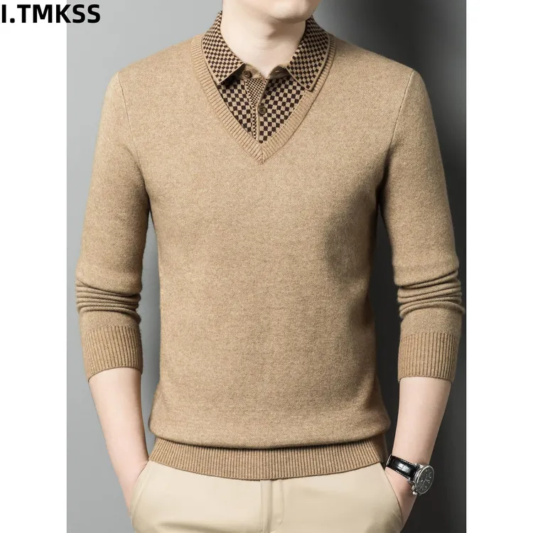 2026冬季新款假两件衬衫领针织衫男士加厚保暖商务休闲毛衣打底衫