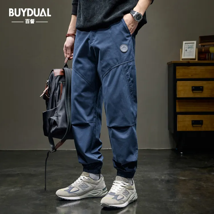 日系复古休闲裤男士宽松潮牌纯棉拼接运动束脚裤秋季新款工装裤男
