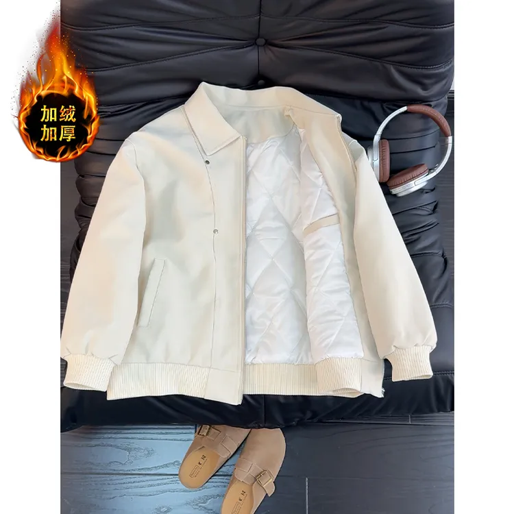 米白色PU皮铆钉夹棉皮衣外套男秋冬季机车夹克棉服加厚翻领棒球服