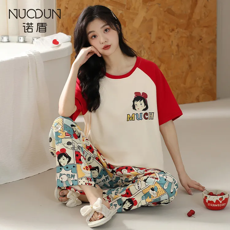 带胸垫睡衣夏天女薄款纯棉短袖长裤2025年新款两件