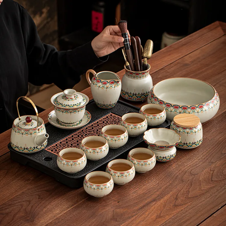 宝相花汝窑茶具套装家用轻奢高档泡茶壶盖碗茶杯整套功夫茶具中式
