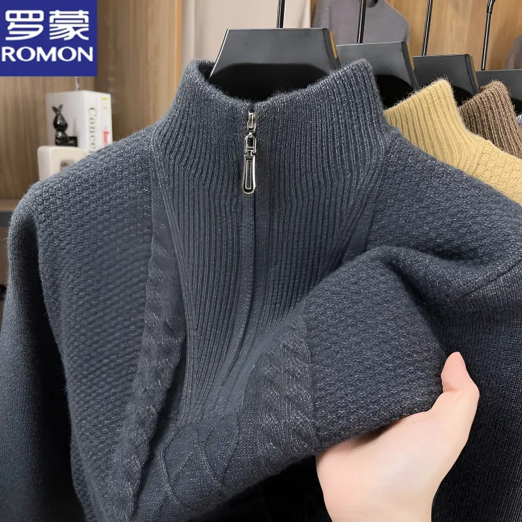 罗蒙保暖针织衫男士秋冬季新款商务休闲亲肤舒适半拉链立领外套男