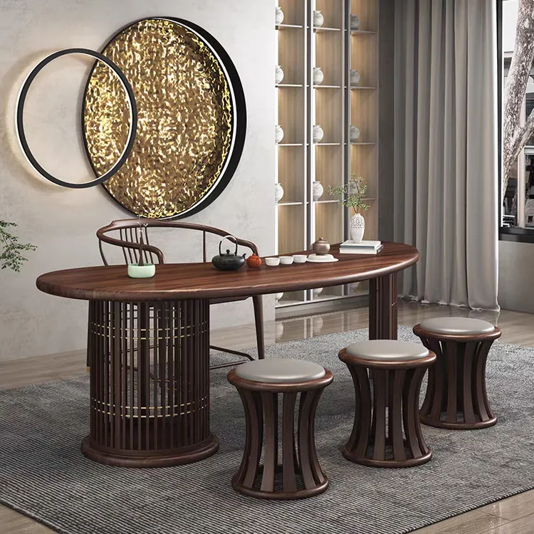 新中式北美黑胡桃木茶桌椅组合实木禅意简约办公茶室阳台家用茶台