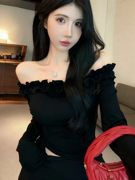绝美荷叶边性感花朵一字肩长袖T恤女小众修身显身材短款辣妹上衣