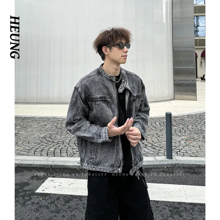 HEUNG 秋季美式小众复古水洗做旧领口搭扣设计感机车牛仔夹克男生