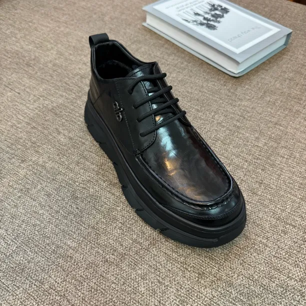 棉1096高端品质男鞋男士时尚百搭黑色真皮厚底系带圆头低帮商务