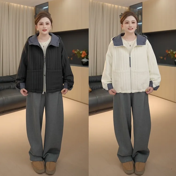 【胖佳佳】浅冬独白 冬季时尚格纹拼接连帽棉衣外套女H625H16658