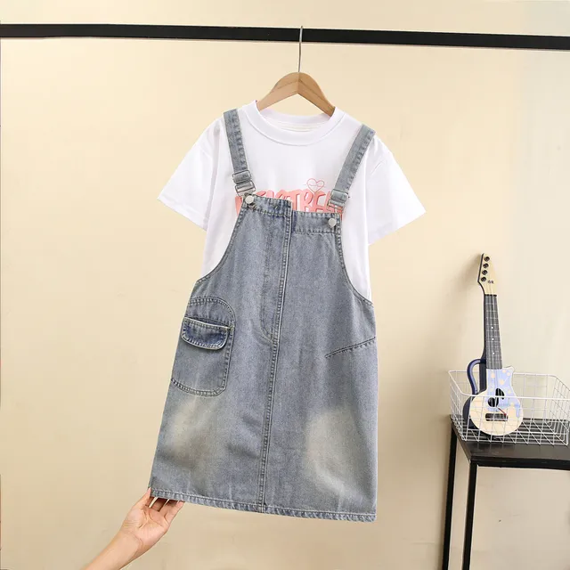 女童牛仔背带裙套装夏季薄短袖T恤吊带裙子两件套儿童中大童连体