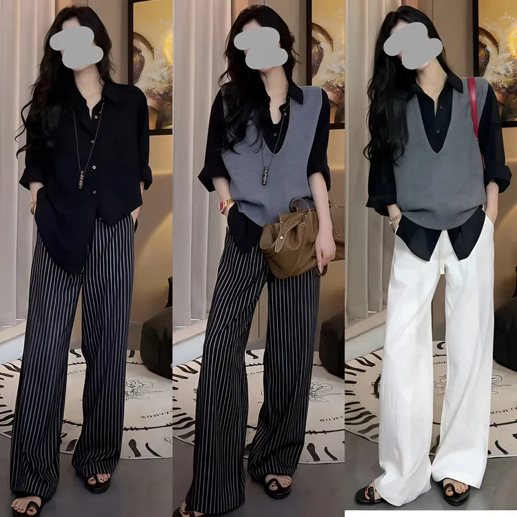 2025秋冬减龄修身显瘦针织马甲通勤气质衬衫上衣休闲直筒裤三件套