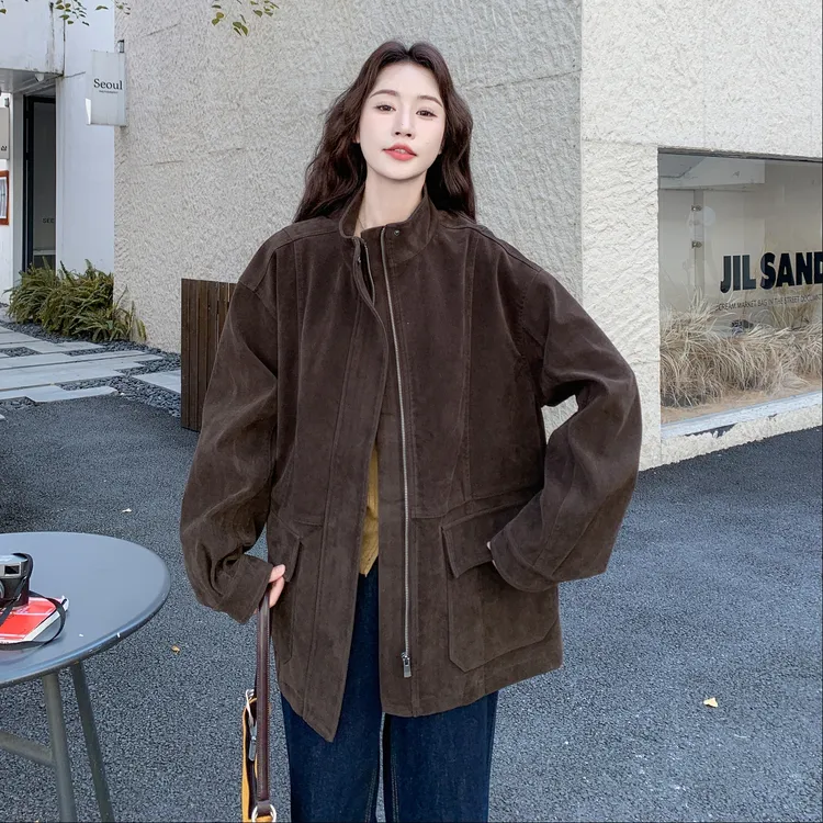 复古麂皮绒工装休闲风衣夹棉外套女款爆款2025新款秋设计感上衣 