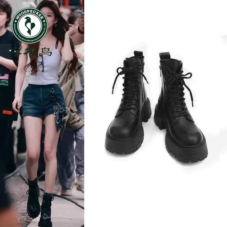 啄木鸟马丁靴女2024年秋冬季单靴厚底增高英伦风瘦瘦靴短靴系带靴