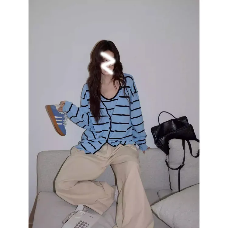 【吵吵家】韩系蓝色条纹毛衣女2025秋慵懒宽松休闲长袖针织衫上衣