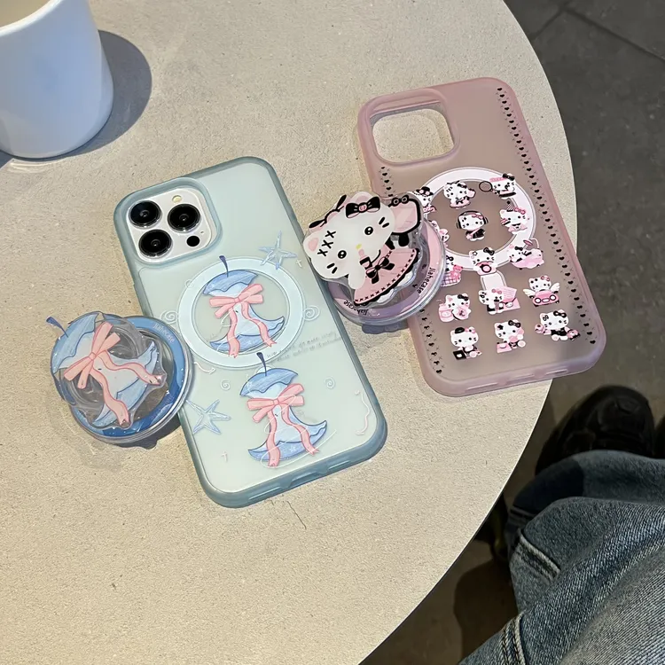 透蓝粉蝴蝶结苹果核-透粉KT猫咪适用iPhone16promax磁吸手机壳15p