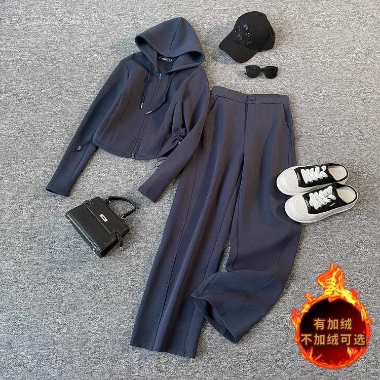 欧货时尚休闲运动套装秋冬新款女连帽拉链开衫卫衣直筒长裤两件套
