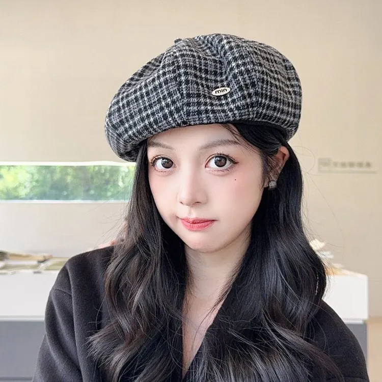 日系复古格子贝雷帽女春秋季毛呢小标英伦风南瓜帽百搭保暖画家