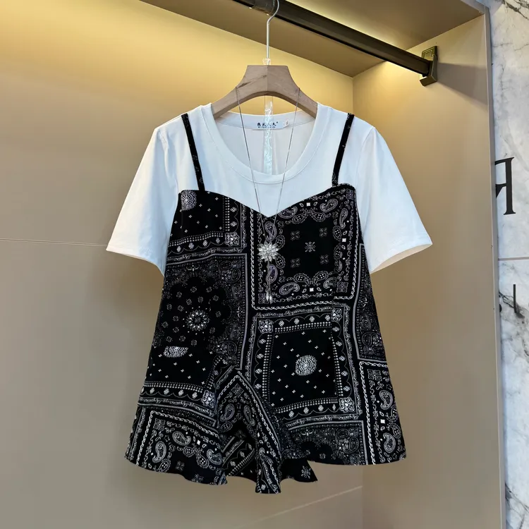 2025欧货韩系复古印花拼接撞色吊带不规则小众设计假两件小衫916