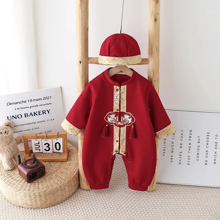 周岁婴儿红色礼服新生儿春秋连体衣满月照百天宴哈衣宝宝分体套装