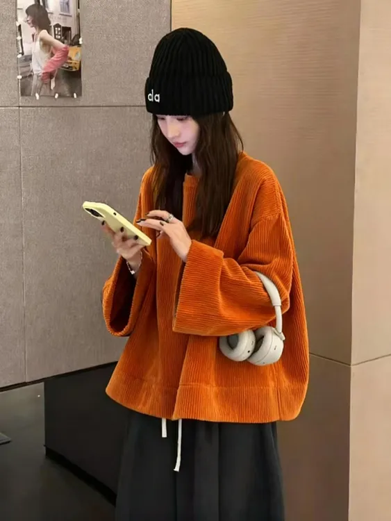 南瓜橘色灯芯绒卫衣女秋冬加厚宽松慵懒风超好看韩系内搭打底上衣