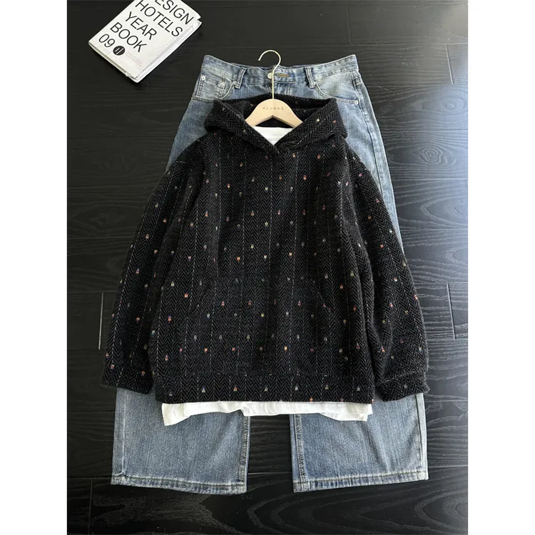 美式复古针织连帽卫衣男款秋冬季潮牌外套oversize情侣休闲上衣服