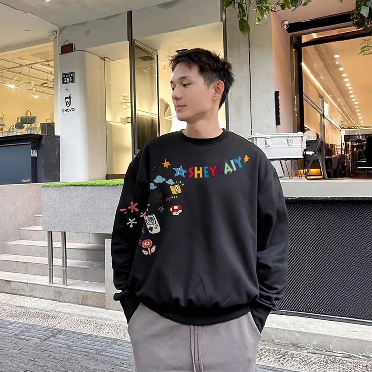 美式复古多巴胺卡通涂鸦印花圆领卫衣设计感男女情侣同款宽松上衣