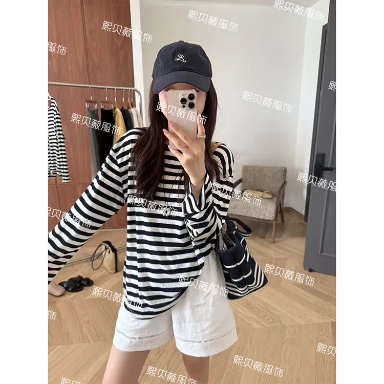 熙贝薇6 欧货天丝羊毛条纹打底衫新款后背小心机长袖防晒衫 G7979