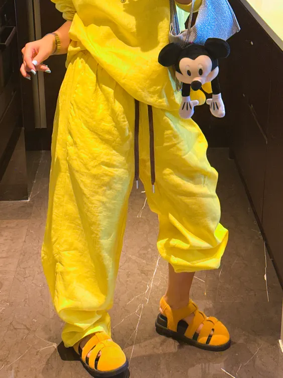 欧货夏季新款定织定染系列拼接抽绳宽可束脚亚麻拖地长裤