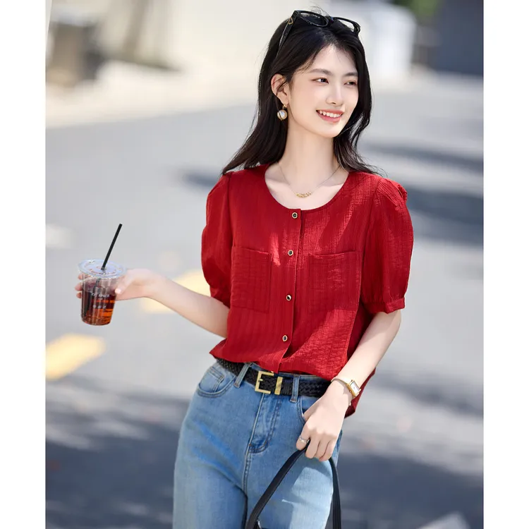 小香风盐系肌理感小衫2025年夏新小个子时尚公主袖减龄衬衫女