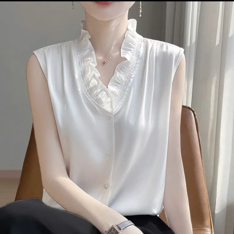 法式V领木耳花边丝滑缎面无袖背心气质内搭女叠穿百搭打底秋季商品图