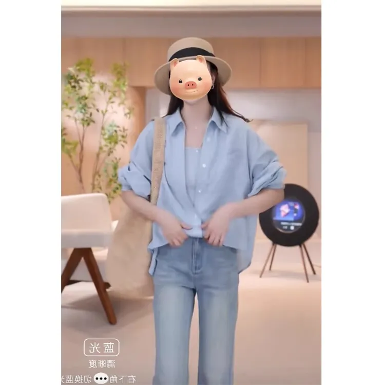 假两件长袖衬衫女春季欧若风穿搭蓝色2025新款设计感独特漂亮上衣