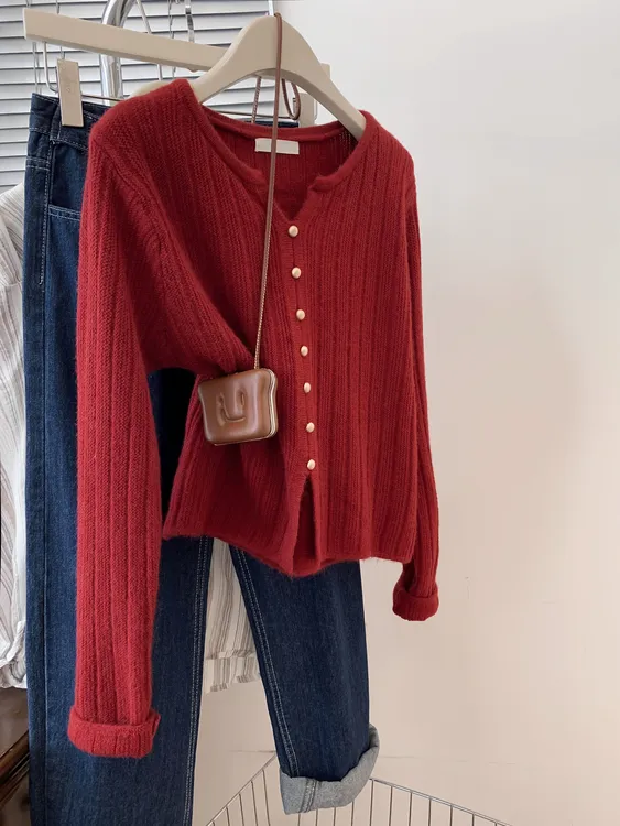 红色新年本命年打底衫女2025春秋春季毛衣内搭针织衫高级感上衣