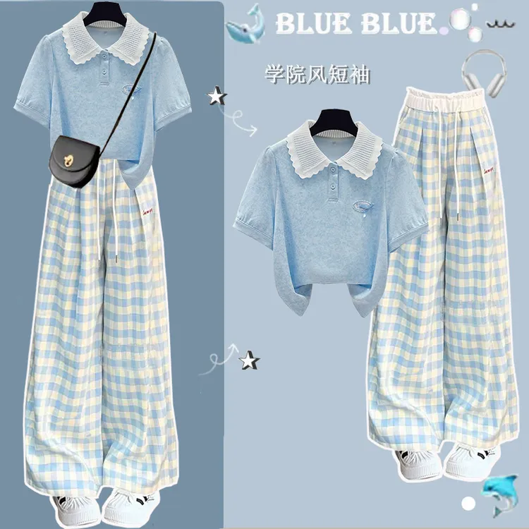 韩里韩气松弛感套装新款夏装10-18岁漂亮小衫少女学生高腰格子裤