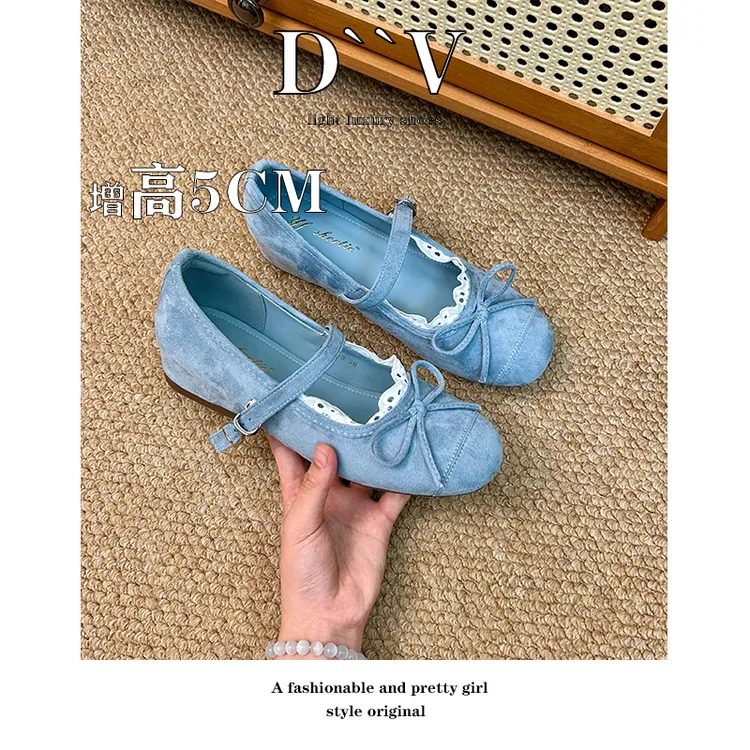 增高5cm蝴蝶结圆头玛丽珍鞋女2025夏季新款法式蕾丝一字带芭蕾鞋