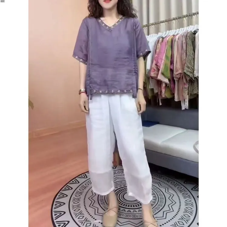 夏季新款亚麻上衣小衫休闲复古宽松遮肉
