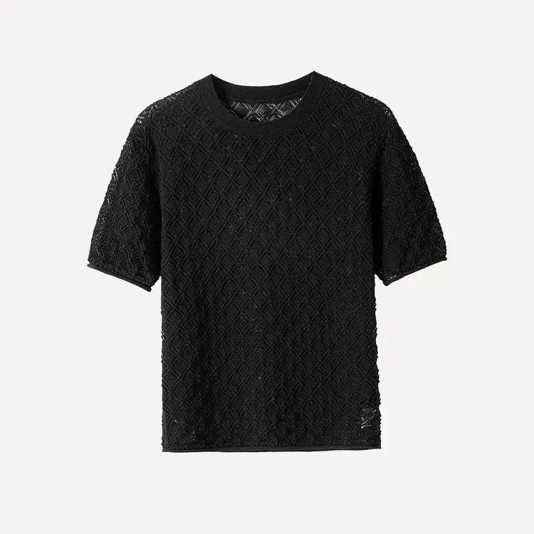 5NDT036【贵姐NICOLE】舒适透气菱形格镂空纯色高定百搭气质短袖