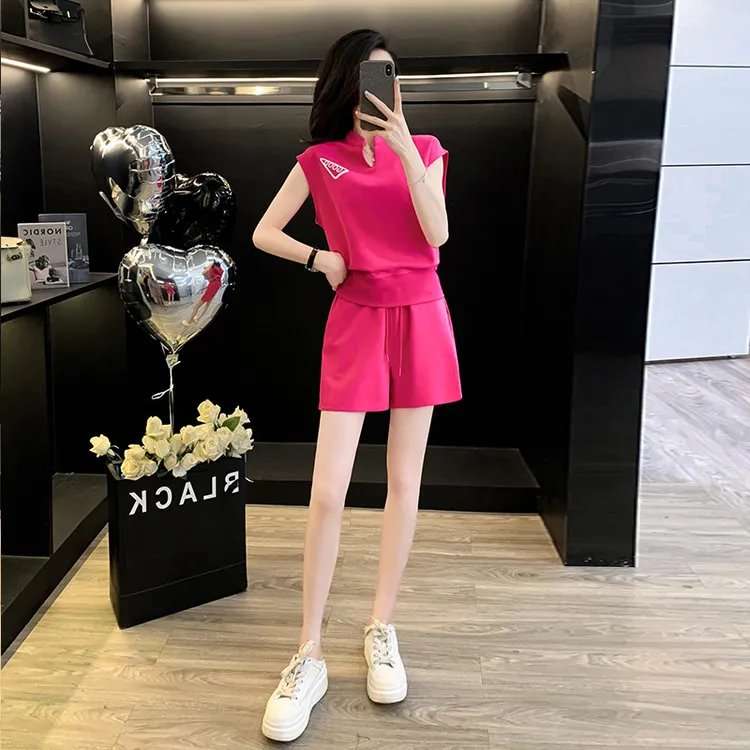 网红玫红色休闲运动套装女装夏季宽松显瘦洋气潮流跑步百搭两件套