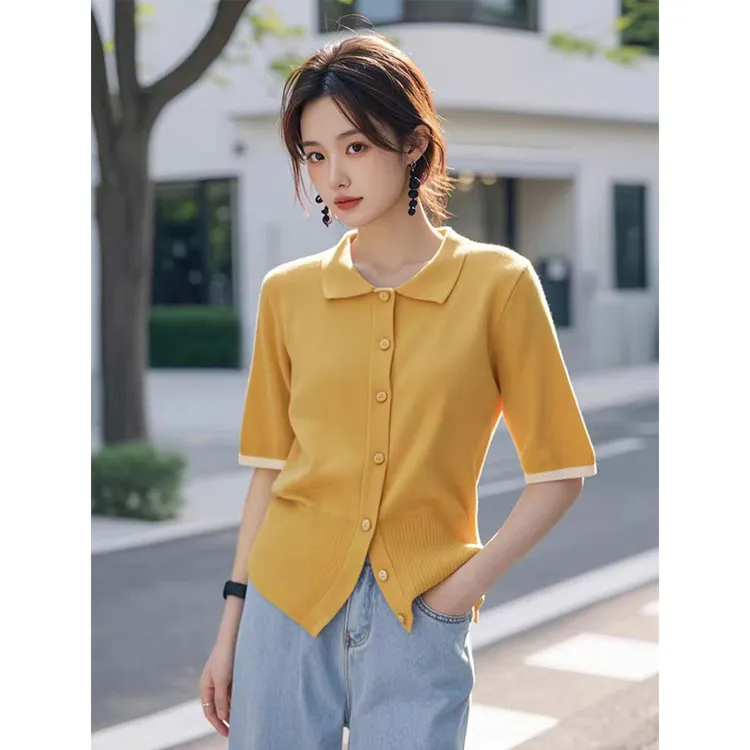 黄色衬衫女宽松简约小个子针织衫女2024早秋新款气质轻熟风黄上衣