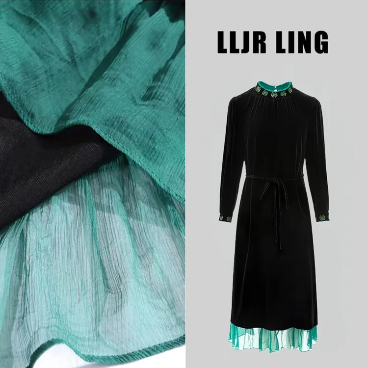 【楠姐】253735拼接海藻边手工钉珠小立领修身真丝丝绒女连衣裙
