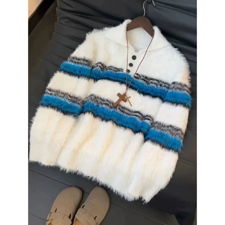 休闲撞色毛衣冬季男女2025年秋冬新款宽松条纹百搭v领套头上衣