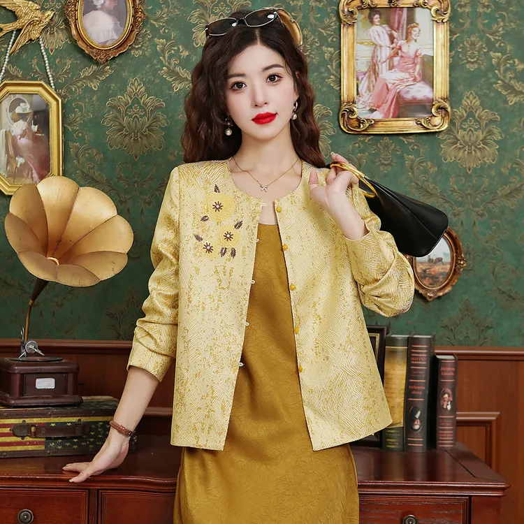 新中式长袖圆领盘扣外套女式中国风复古提花时尚汉服刺绣唐装上衣