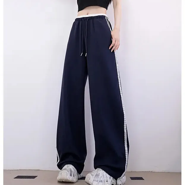 蕾丝拼接阔腿裤2025春夏新款时尚设计感宽松显瘦松紧腰休闲裤
