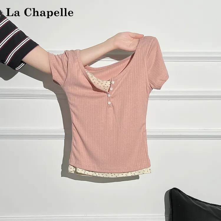 拉夏贝尔设计感蕾丝拼接碎花印花半开领短袖T恤女夏季假两件上衣