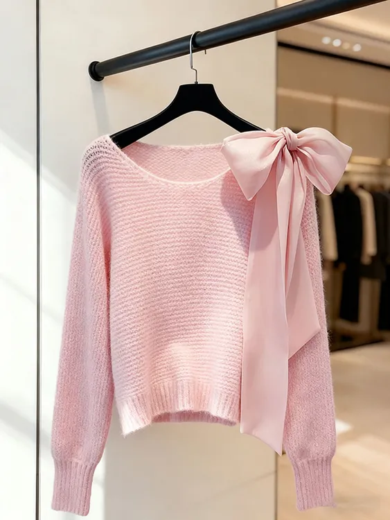 软糯粉色蝴蝶结毛衣女秋冬内搭绝美巨好看气质高端套头圆领针织衫